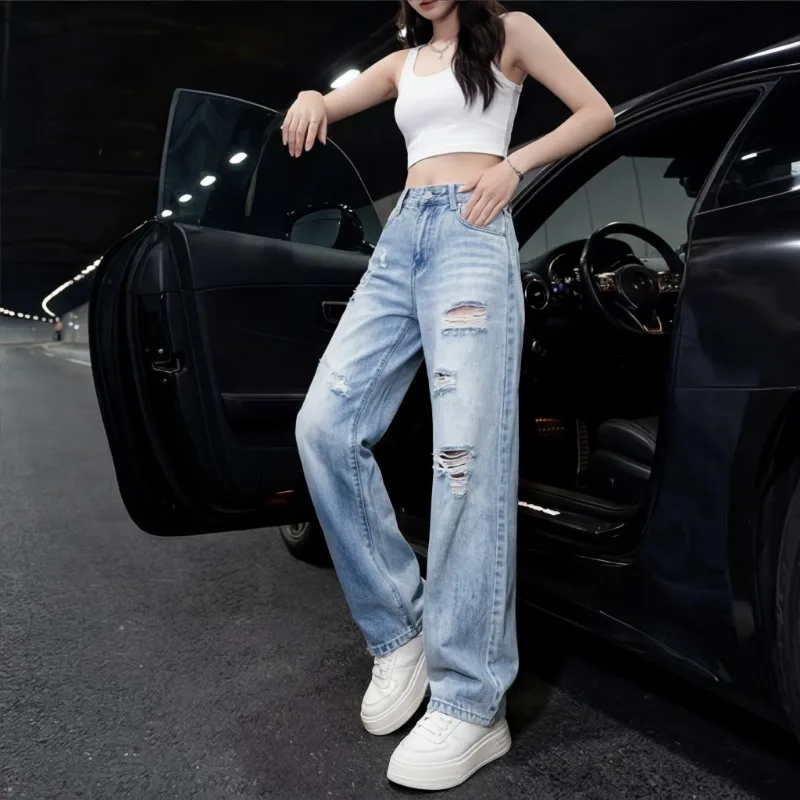 

Women's Jeans Women's Pants Distressed Straight Leg High Waist Summer Breathable Streetwear Fashion Trousers Slim Fit