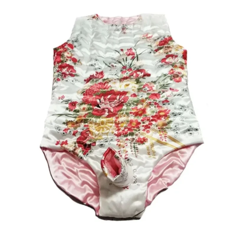 Sexy Men's Back Zipper Simulation Silk Bodysuit Vest Shorts Silky Soft Printed Filled Cotton  Puffy Warm Sleeveless Vest Shorts