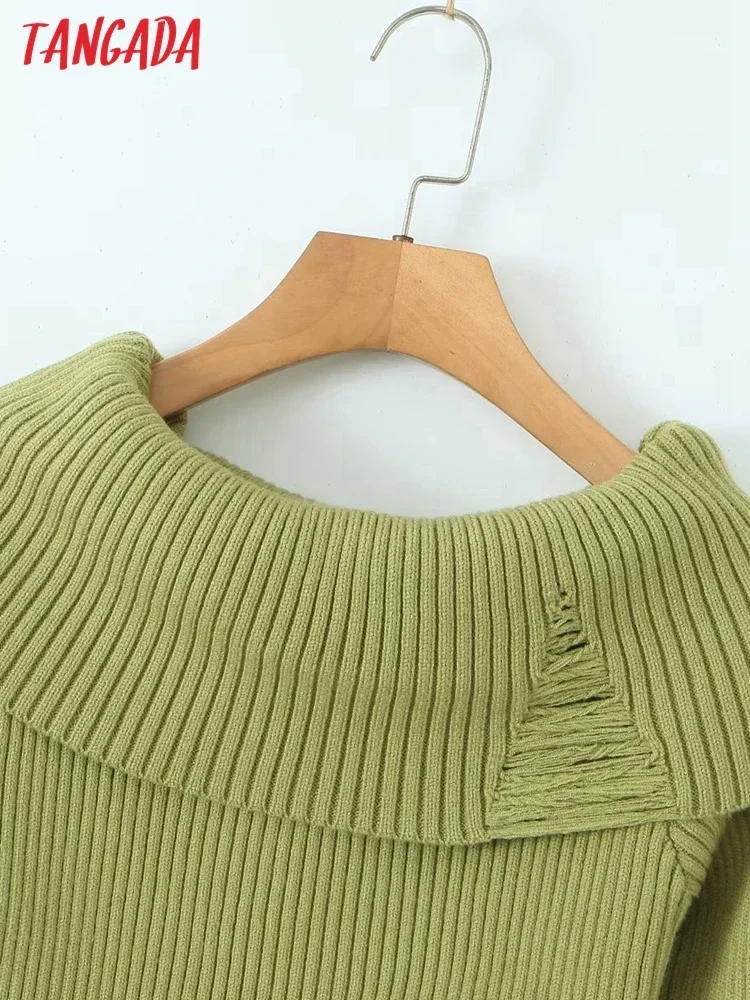 Tangada 2023 Fashion Women Beige Knitted Sweater Off Shoulder Ladies Jumper 1J15