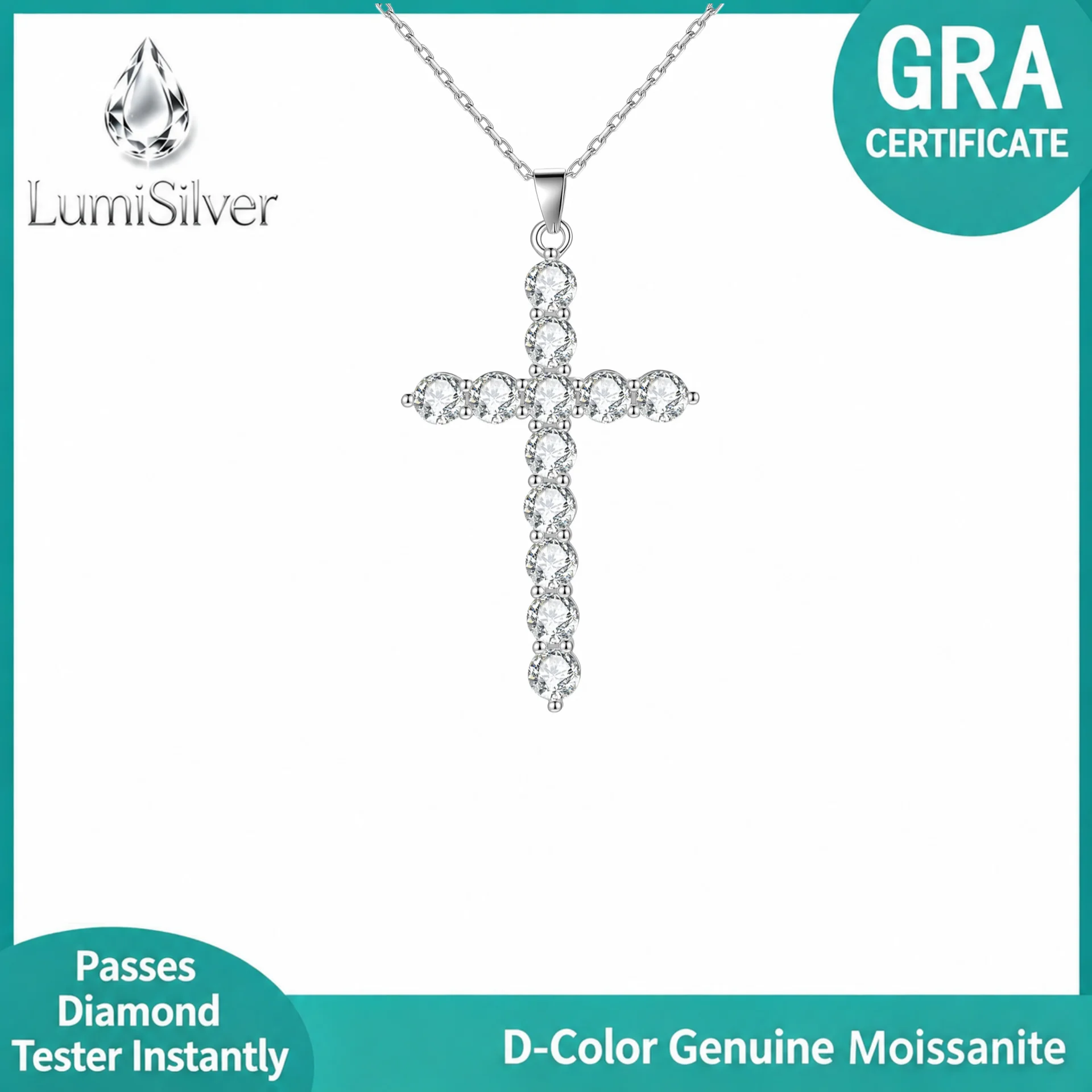 D Color Moissanite Cross Necklace 925 Sterling Silver Religious Crucifix Pendant Chain for Women Men Jewelry Gift