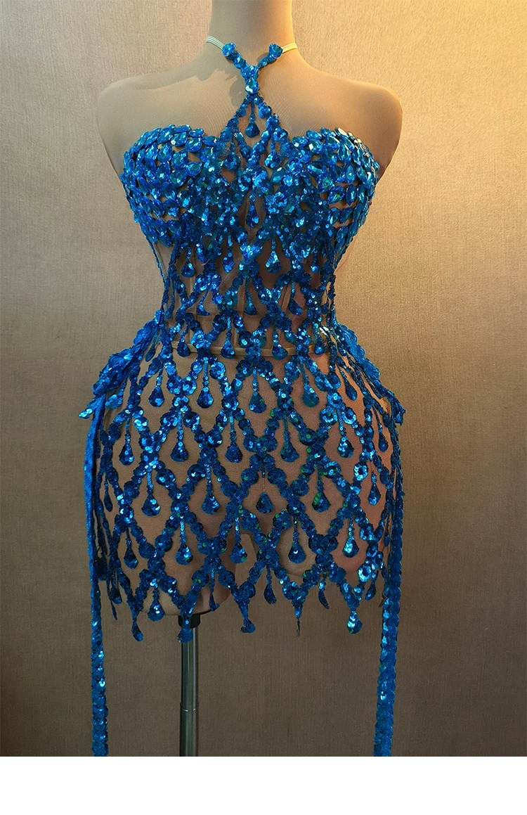 Mode blau Strass Kleid Pailletten Glitzer Fransen Pole Dance sexy Mesh durchsichtig Party Club Geburtstag Frauen Kleidung Perfo