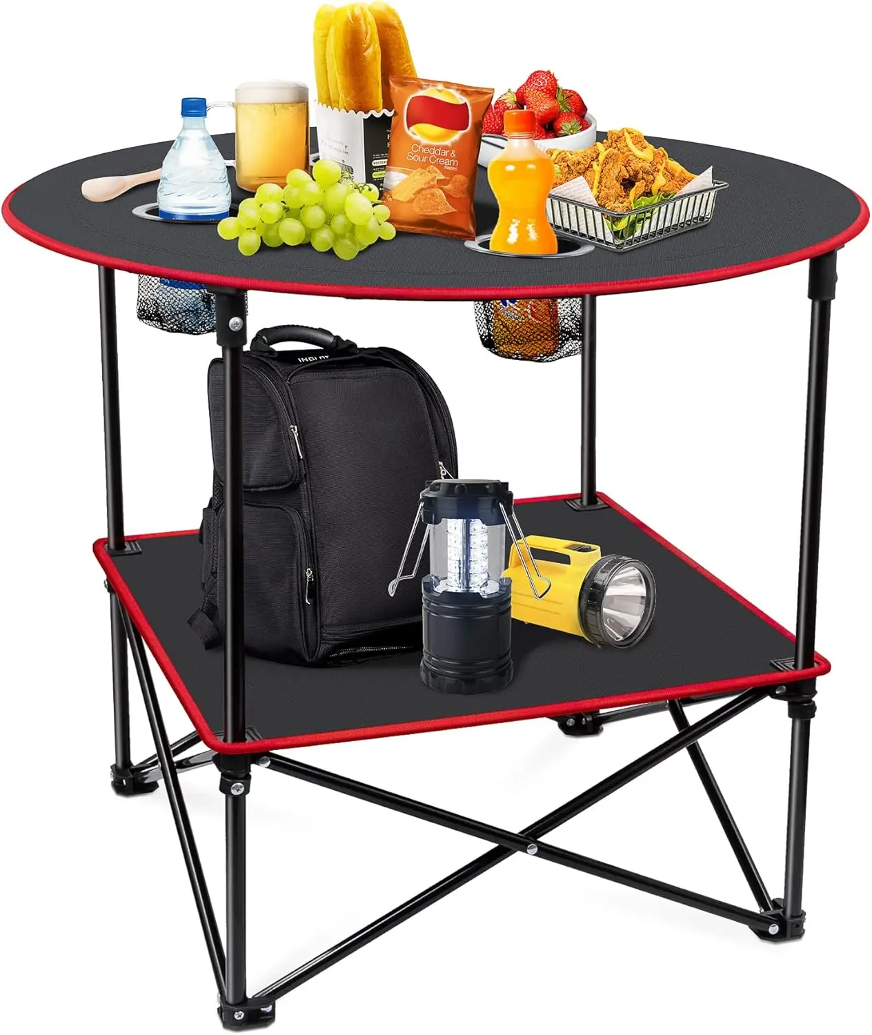 Canvas Beach Table for Outside with 4 Cup Holders & Carry Bags for Camping, Beach, Campfires and Tailgating