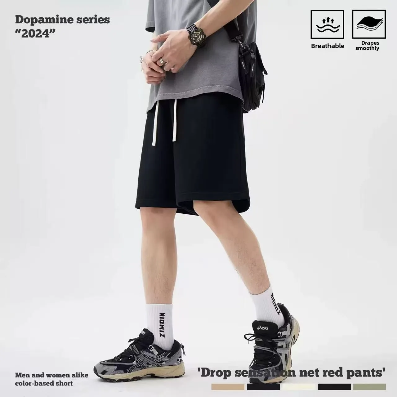 Black Simple  Color Sports Shorts Men Women Summer Cotton Loose Casual Breathable Five-Quarter Trendy Mid-Length Shorts