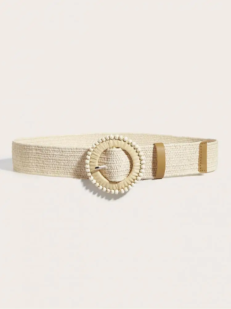 المرأة جولة مربع مشبك حزام جديد الكورية نمط القطن والكتان العشب المنسوجة فستان قميص طويل الزخرفية متماسكة البيج 100 سنتيمتر #4