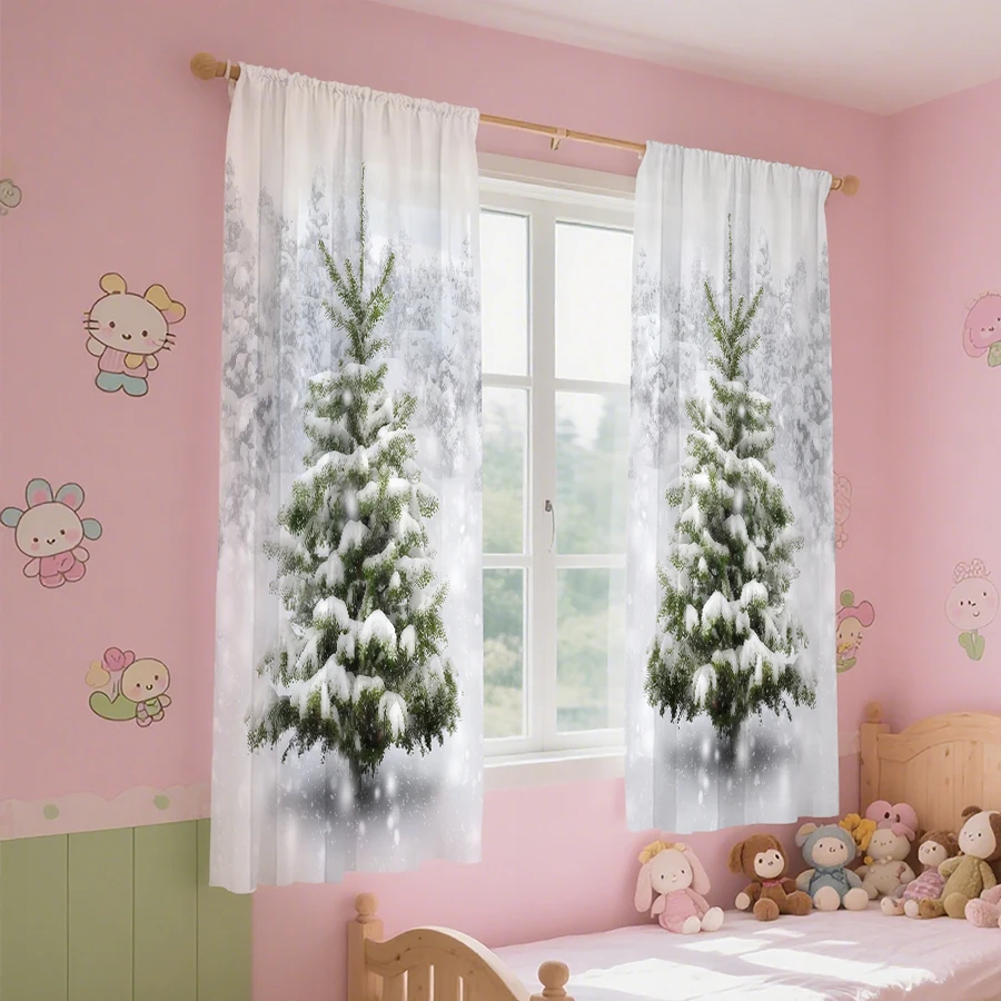 2PCS Digital Print Curtain, Snow Covered Pine Trees Winter Forest Scene, Rustic Farmhouse Style, for Bedroom Window Decoration