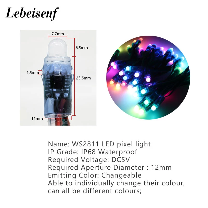 12mm Round Diffused Pixel Module 50 Node/String Digital RGB Full-Color IP68 WS2811 LED Exposed Perforated Light for Art AD Sign