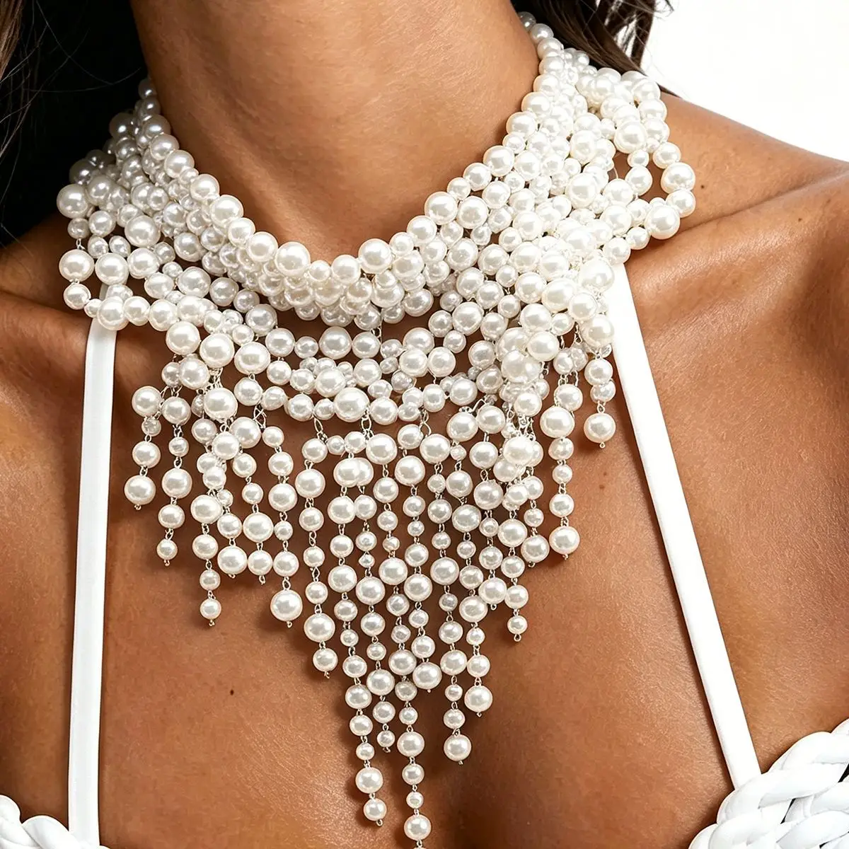 Luxury Multi Layer Imitation Pearl Body Chain Waterfall Statement Bib Necklace Sexy Bikini Harness Party Jewelry Gift