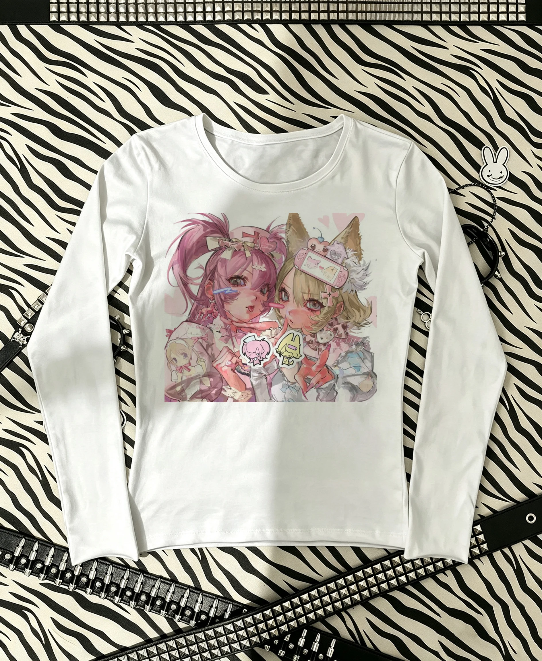 Kawaii Neko Twin Anime Girls Print Women Long Sleeve T-Shirt Round Neck Slim Fit Y2K Harajuku Pastel Grunge Egirl Streetwear Top