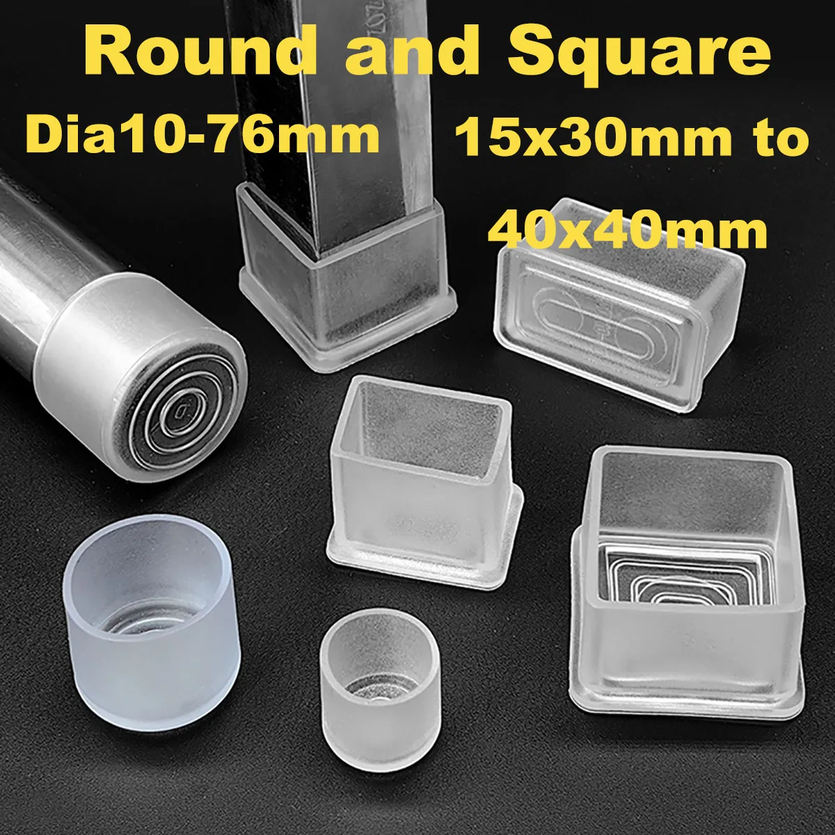 4pcs Square Round Transparent PVC Soft Rubber Pipe Sleeve Tube Cap Table Chair Foot Non-slip Pad Protective Cover 10-76mm