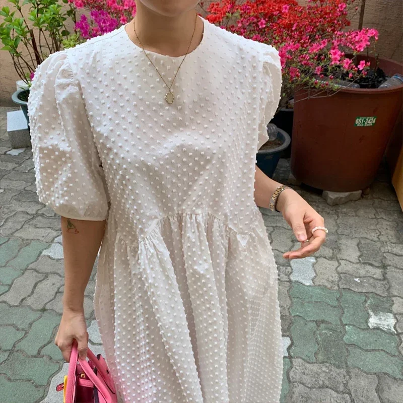 Vintage Puff Sleeve Midi Dress Polka Dot Women Summer O Neck A-line Loose Dresses Robe Mujer  elegant aesthetic Yellow White