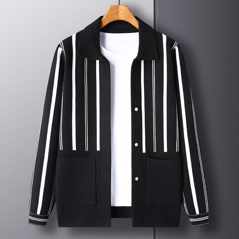 

Knitted Cardigan Men's Minimalist Black and White Sweater Autumn and Winter New Slim Fit Sweater Youth Striped Jacket