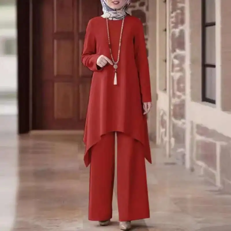 2025 Muslim Women's Spring and Autumn Solid Color Round Neck Pullover,  Mid Skirt, Long Pants, Fashionable Casual Suit Elegant