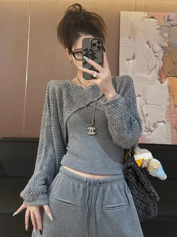 

Korean Style Fashionable Women's Three-Piece Set Long Sleeve Oversized Pants Inner Vest Grey Spring Casual Sportswear