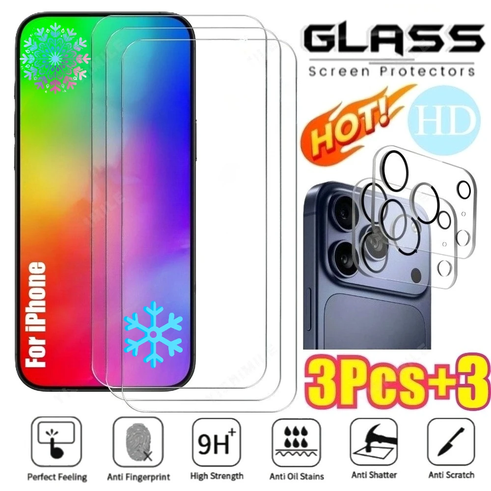 

3Pcs Ultra Clear Tempered Glass for iPhone 17 16 15 Pro Max 15 14 Plus 14 13 12 11 Pro 16e 17 Air With 3Pcs HD Camera Lens Glass