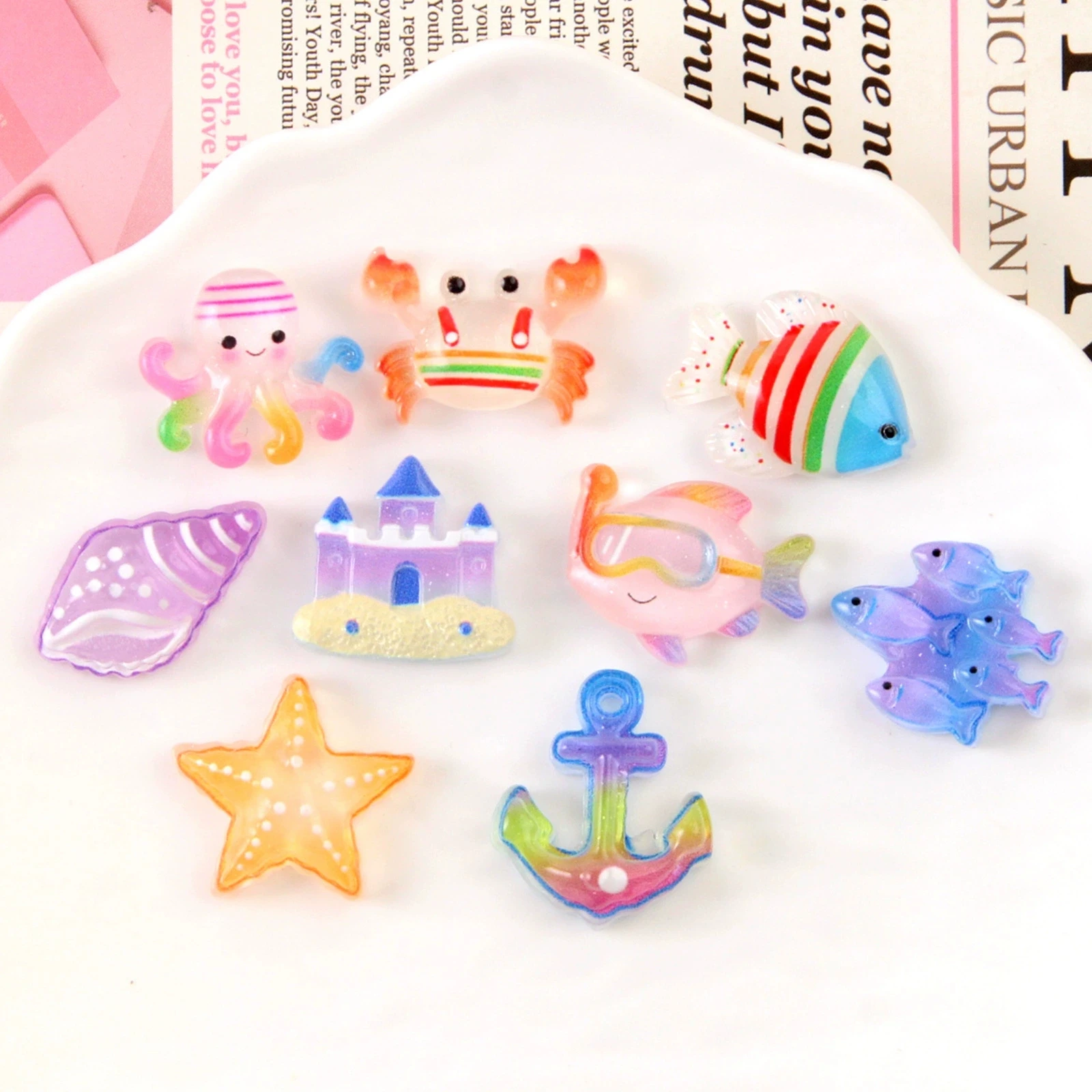 9Pcs/Set Cartoon Cute Cute Ocean Series Shell Starfish Resin DIY Cartoon Handmade Phone Case Bracelet Cream Gel Crab Model