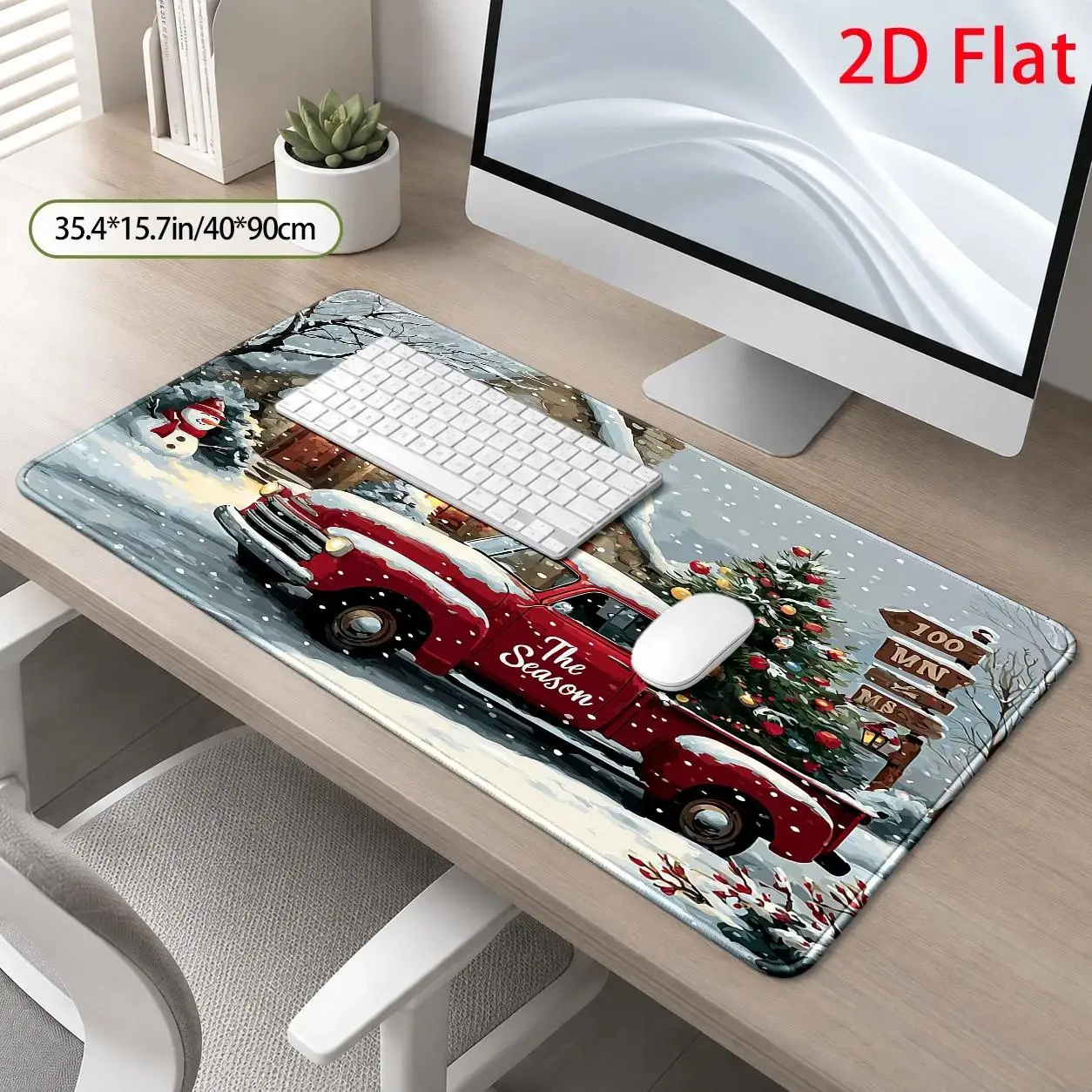 2D Flat, Christmas Truck Large Mouse Pad, Winter Village Desktop Mat, Cozy Retro Design, Festive Holiday Season, Soft, Stain-Resistant, Comfortable, Easy to