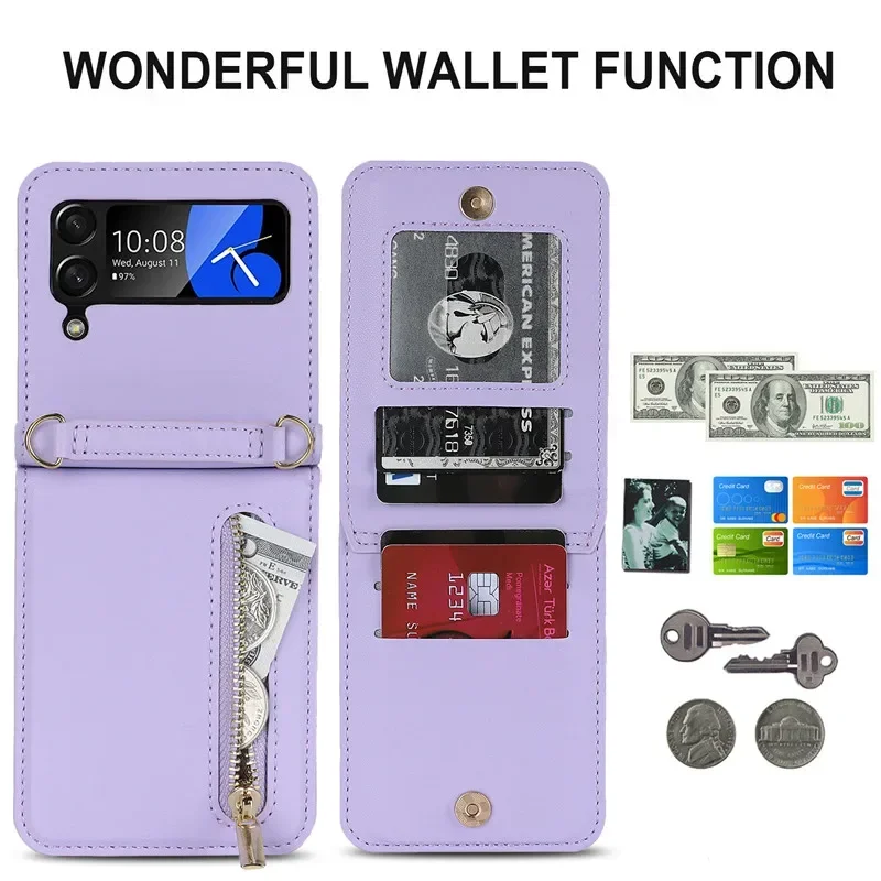 For Samsung Galaxy Z Flip 6 5 4 Case Leather Card Slot Phone Holder Zipper Wallet Bag Crossbody Folding Cover Flip 3 Coque