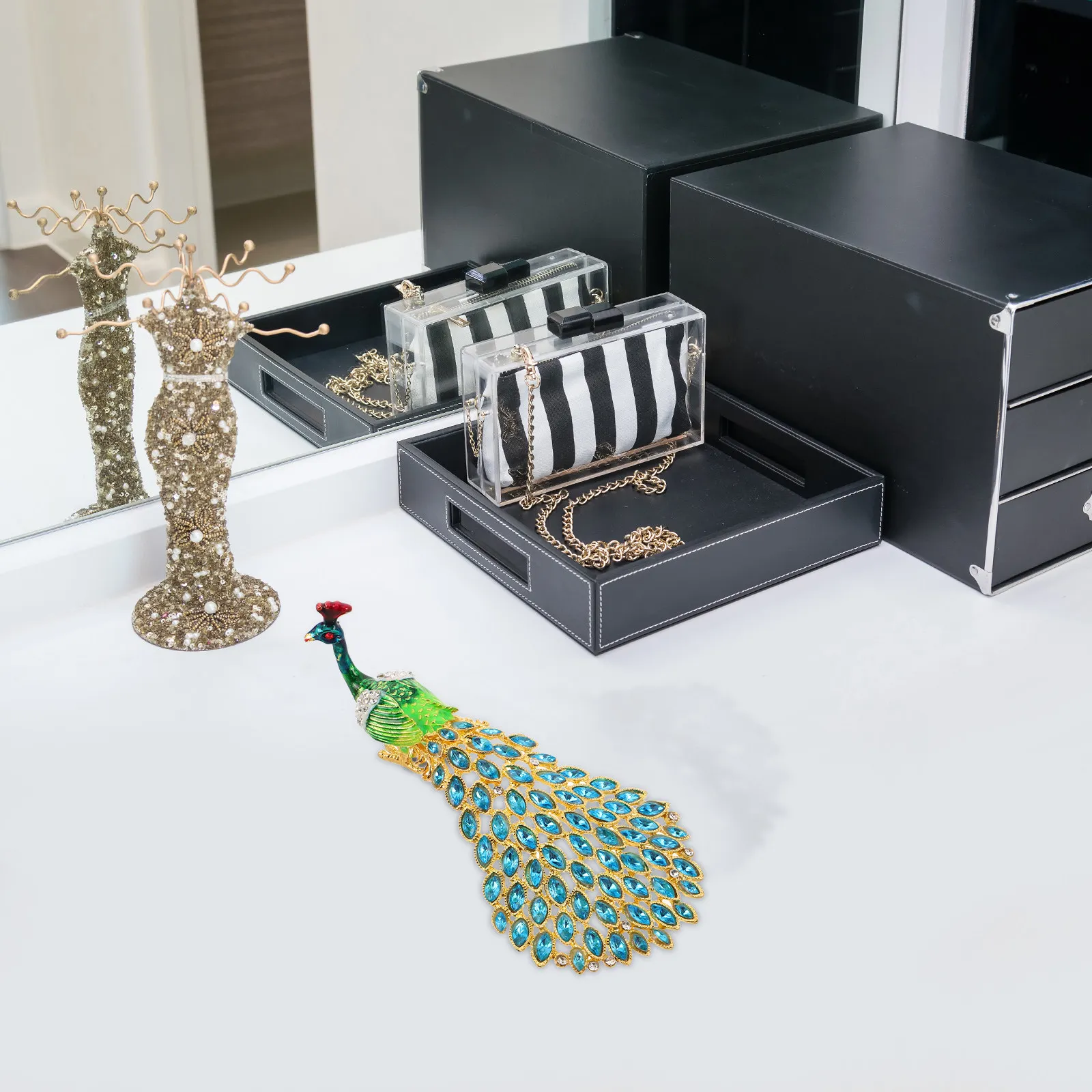 Rhinestone Peacock Jewelry Box Hand-Painted Green Enameled Mini Ring Holder Decorative Small Jewelry Organizer Trinket Keepsake