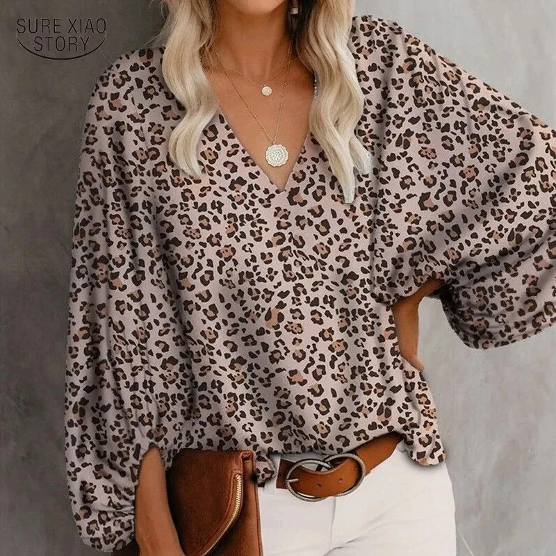 2024 Printed Lantern Long Sleeve Tops Casual Beach Floral Blouse Elegant Leopard Blouse Spring V-neck Pleasure Shirt Blusas H208