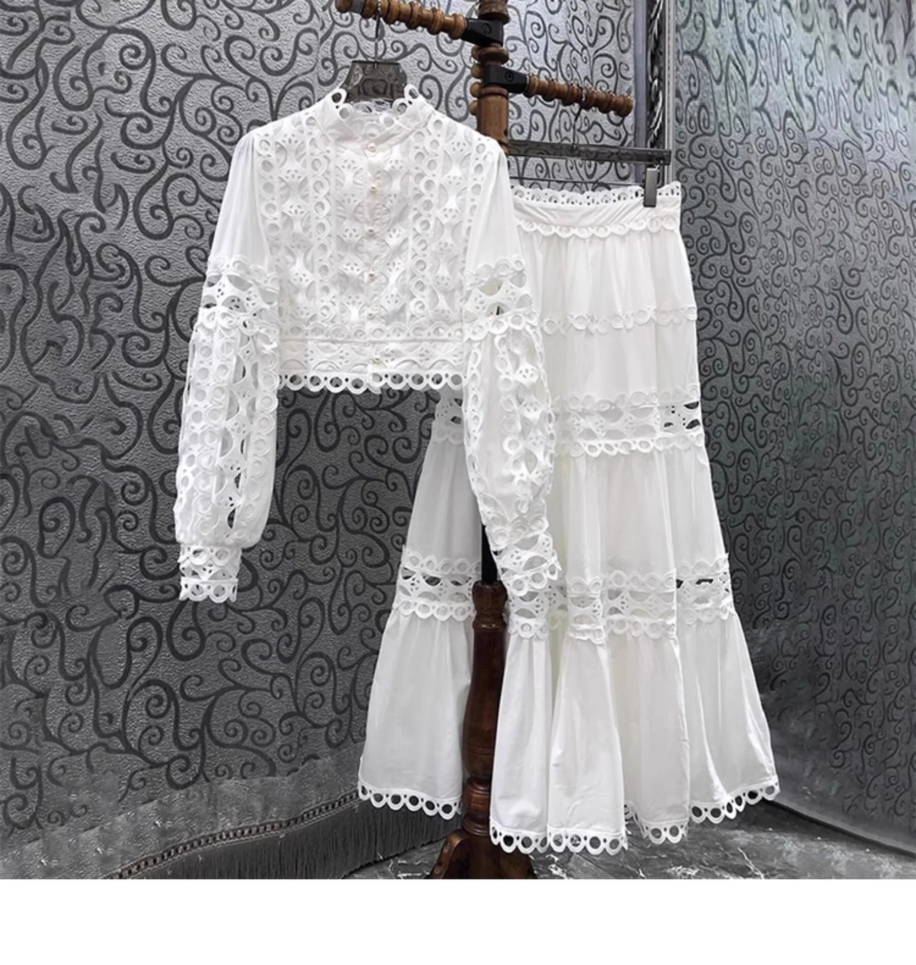 Elegant Long Maxi Dress 2 Piece Sets Women 2025 Spring Summer Holiday Embroidery Pearls Hollow Out Party Crop Tops Skirts Suits