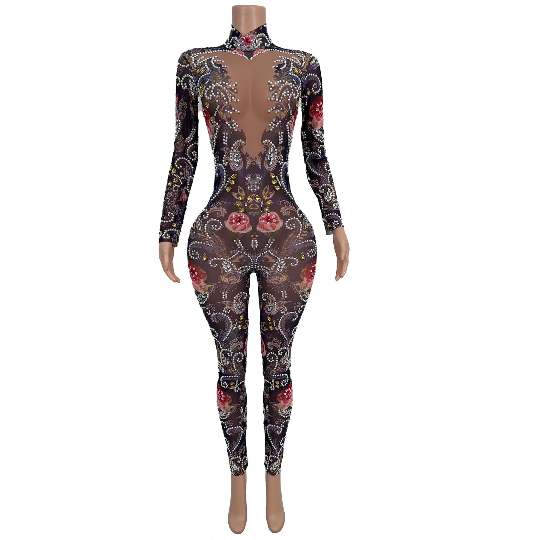 High-end Pearls Rose Printing Mesh Outfit Club Celebrate Party Dance Tight Fitting Jumpsuit Stage Drag Queen Show Wear Meiguiku