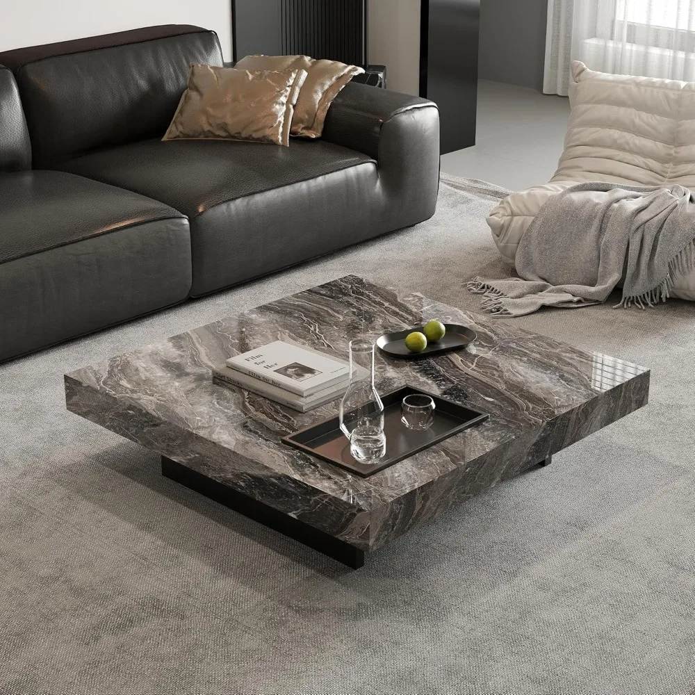 

42" Square Marble Coffee Table for Living Room - Modern Farmhouse Center Table with Sturdy Stainless Steel Base