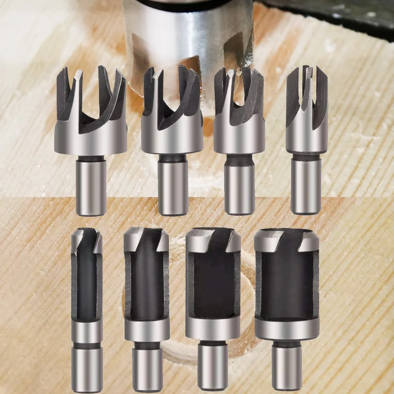 8pcs 3/8-inch Shank Carbon Steel Cutter Wooden Dowel Cutting Bits Cylindrical Claw Dowel Drill Bits Round Shank Combo Set
