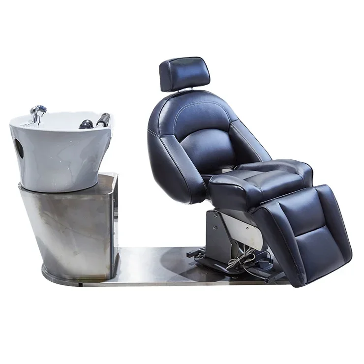 Silver Stainless Steel Base Black PU Leather Electric Shampoo Chairs Set Hair Salon Furniture