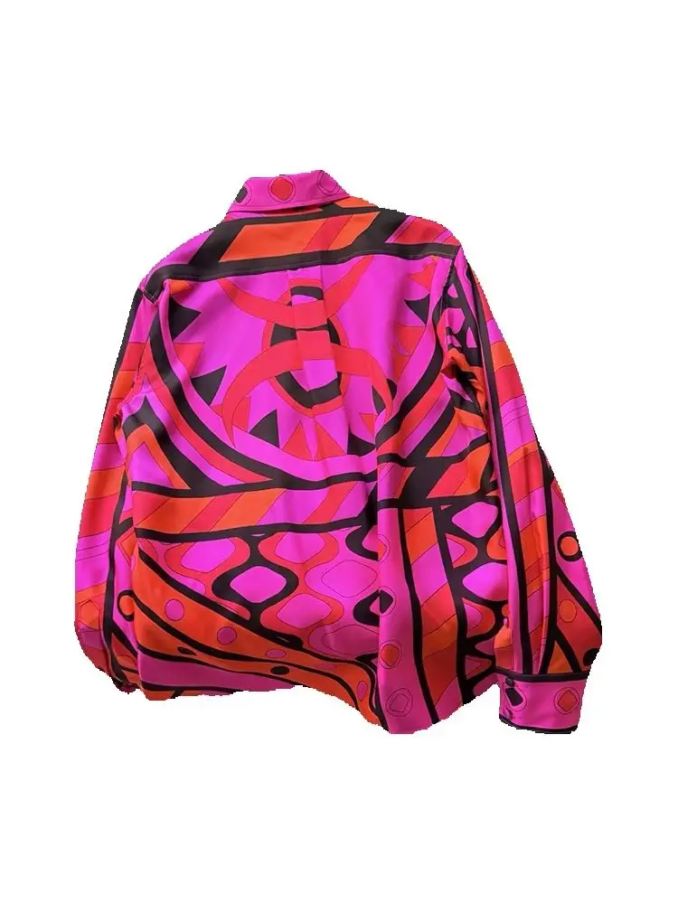 

Spring Summer Fashion Daily Casual Geometric Print Silk Blouses Women's Turn-down Collar Long Sleeve Loose Single Breasted Shirt
