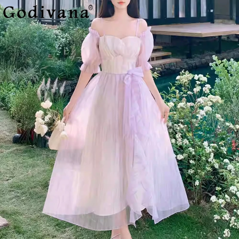 

Новое элегантное фиолетовое шифоновое сексуальное платье феи большого размера с разрезом на шее, летние милые платья Лолиты с высокой талией для девочек