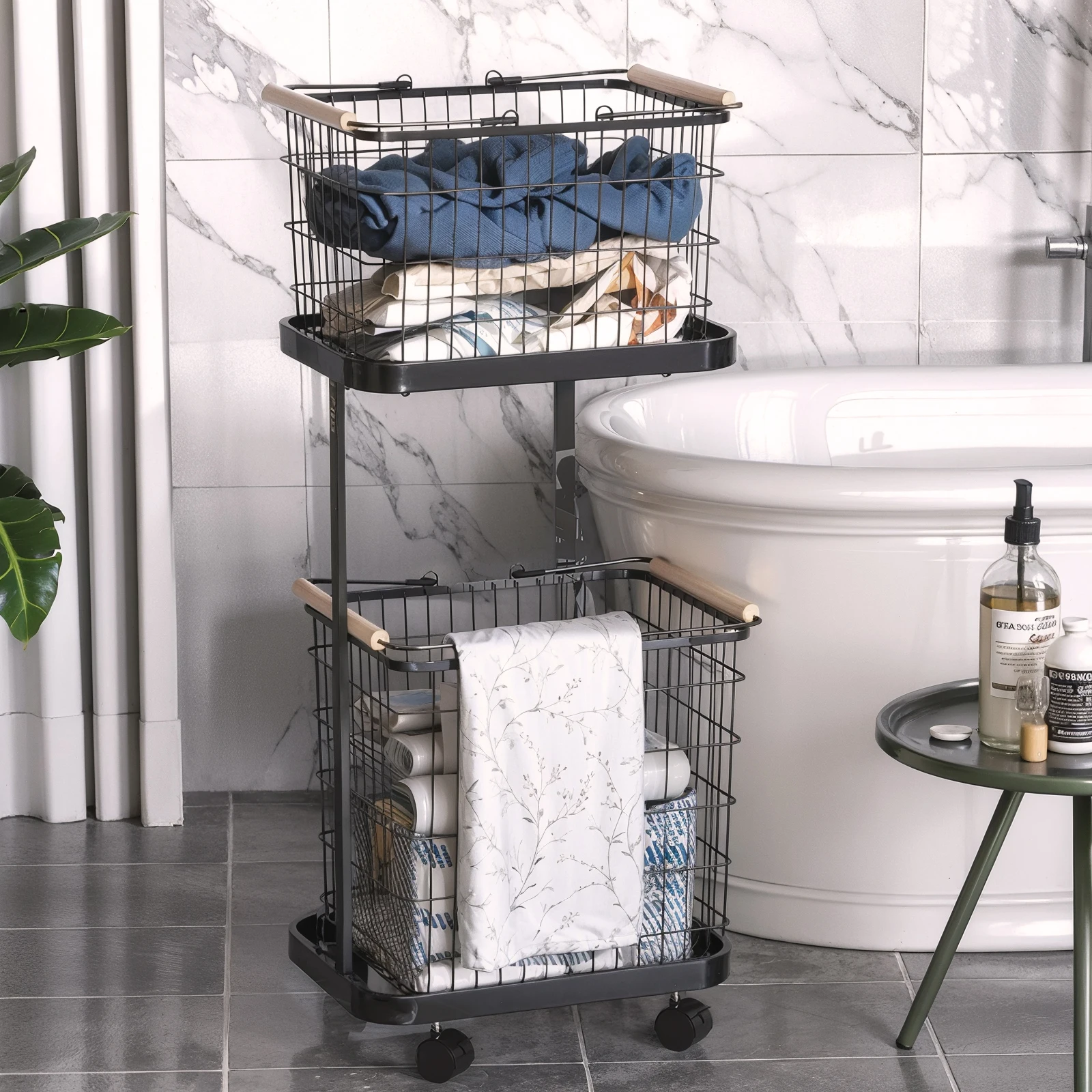 

2 Tier Rolling Laundry Basket with Wheels Wire Laundry Hamper Cart Laundry Hamper Trolley for Laundry Room Bathroom Bedroom