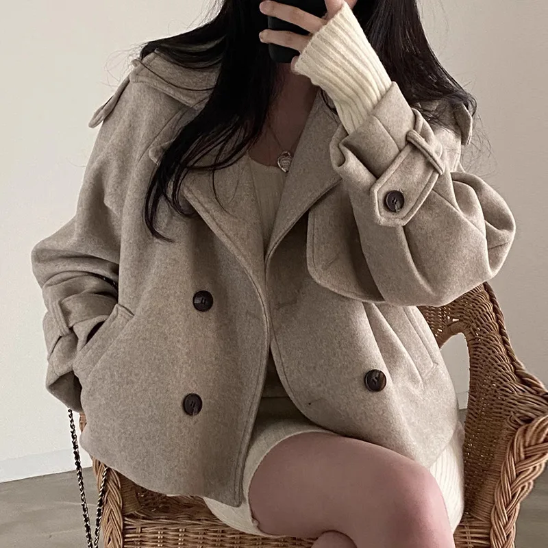 Women Wool Short Coats Jackets Blends Turn Down Collar Coat Thick Warm Y2k Streetwear Jacket Work Outerwear Autumn Winter
