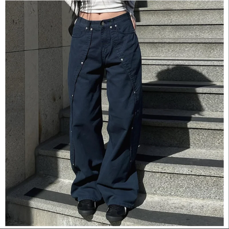 

Design Sense Rivet Split Low-Waisted Jeans Women Street Handsome Loose Drooping Wide-leg Pants Tooling Pants