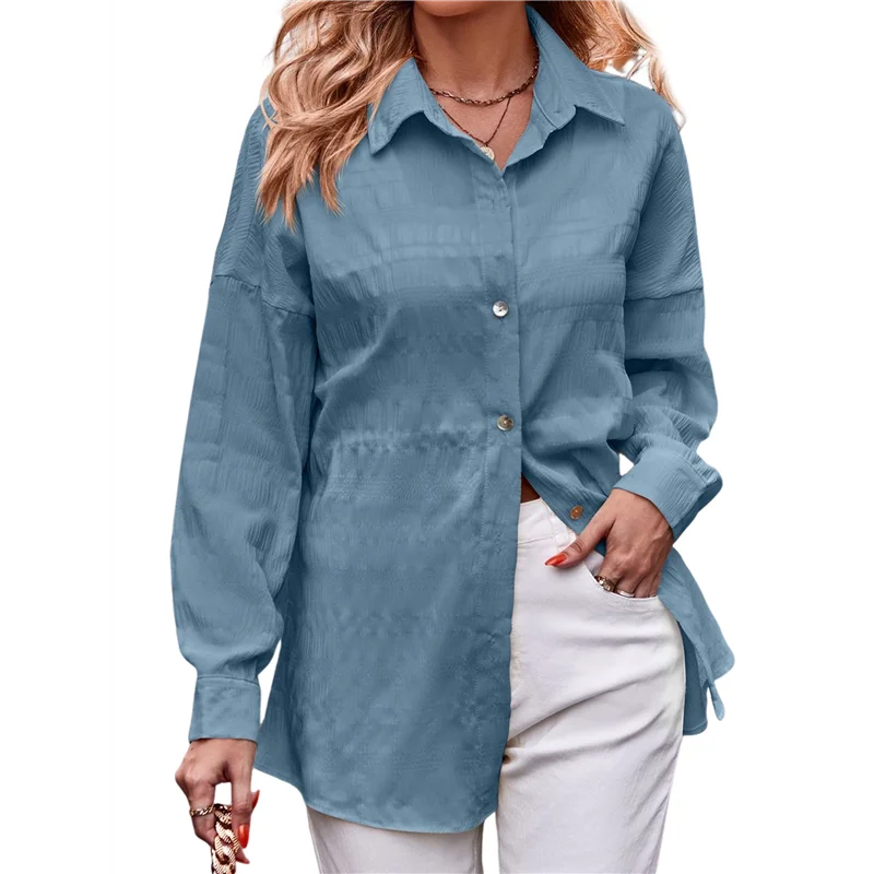 

FX-Womens Casual Collared Blouse Loose Fit Long Sleeve Button Down Seersucker Shirt Tops