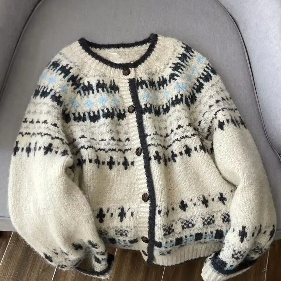 

2025 Women Fair Isle Knit Cardigan Vintage Pattern Pullover Chunky Cropped Sweater Fall Winter Cozy Top