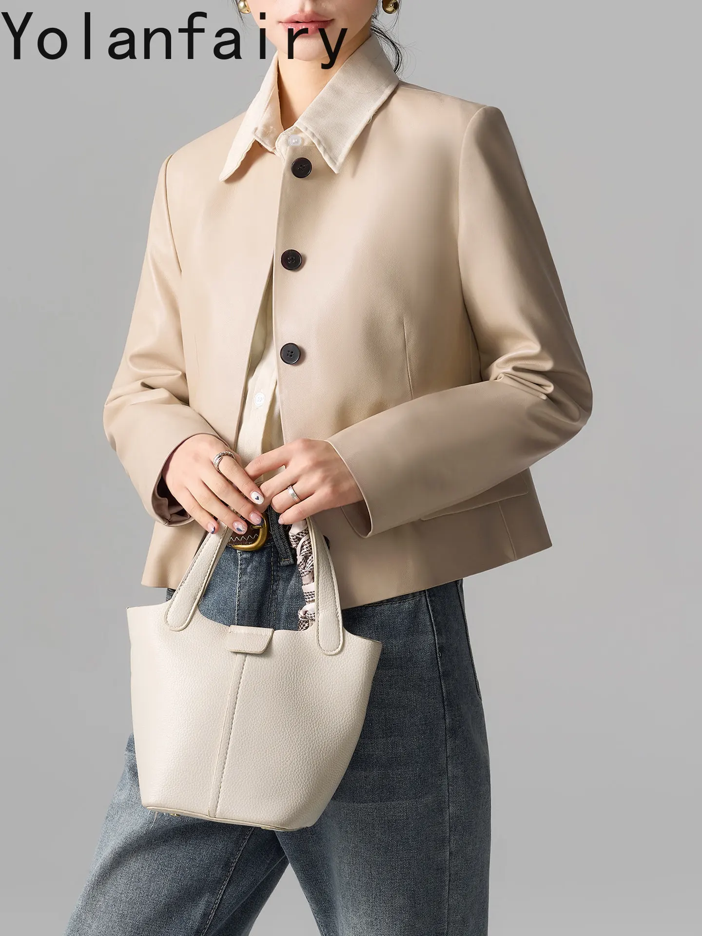 YOLANFAIRY High-end 100% Sheepskin Real Leather Jacket Woman Short Round Neck Genuine Leather Coat Women Clothing 2026 레더 자켓 여자