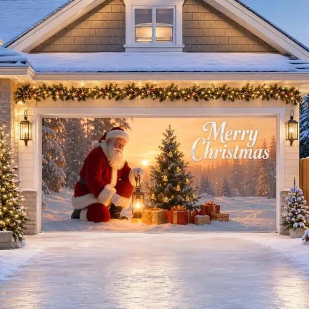 Christmas Garage Door Cover 13x6 FT,Santa Breaking Through Wall Banner,Holiday Decoration for Double Garage Door,OutdoorBackdrop