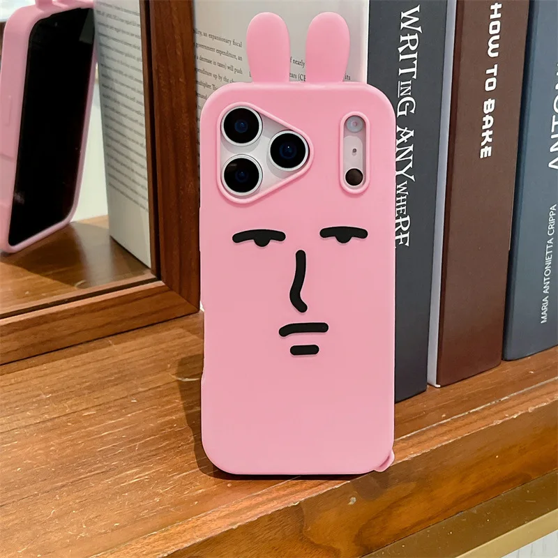 Kawaii ثلاثية الأبعاد مضحك الكرتون الوردي الرموز التعبيرية أرنب قضية الهاتف آيفون 17 16e 15 14 13 12 برو ماكس زائد لينة سيليكون غطاء مقاوم للصدمات