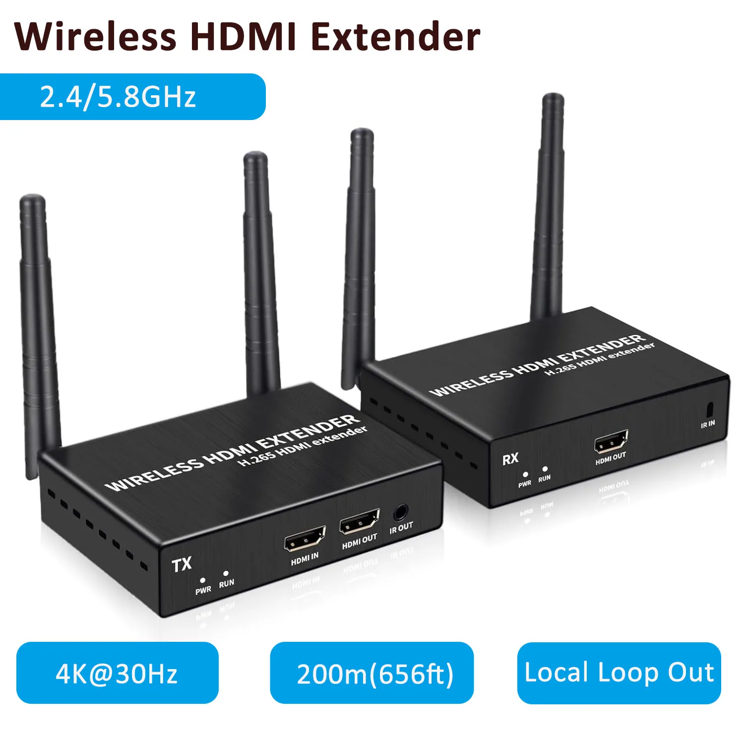 4K@30Hz Wireless HDMI Transmitter and Receiver, 200m(656ft) HDMI Extender with Local Loop Out, 2.4/5.8GHz for Streaming Video