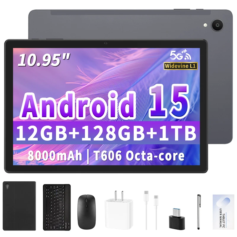 ANRY Tableta Android 15, 10,95-дюймовый планшет Android 2025 с восьмиядерным процессором, 12 ГБ ОЗУ + большой объем памяти 128 ГБ, аккумулятор большой емкости 8000 мАч