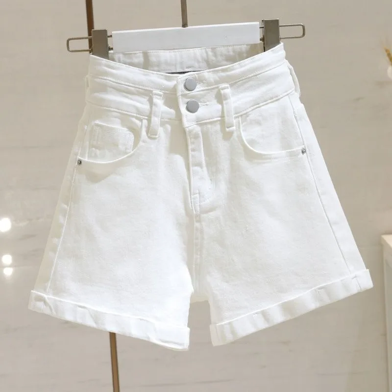 Double button high waisted denim shorts for summer 2026, loose and slimming, light colored black wide leg shorts