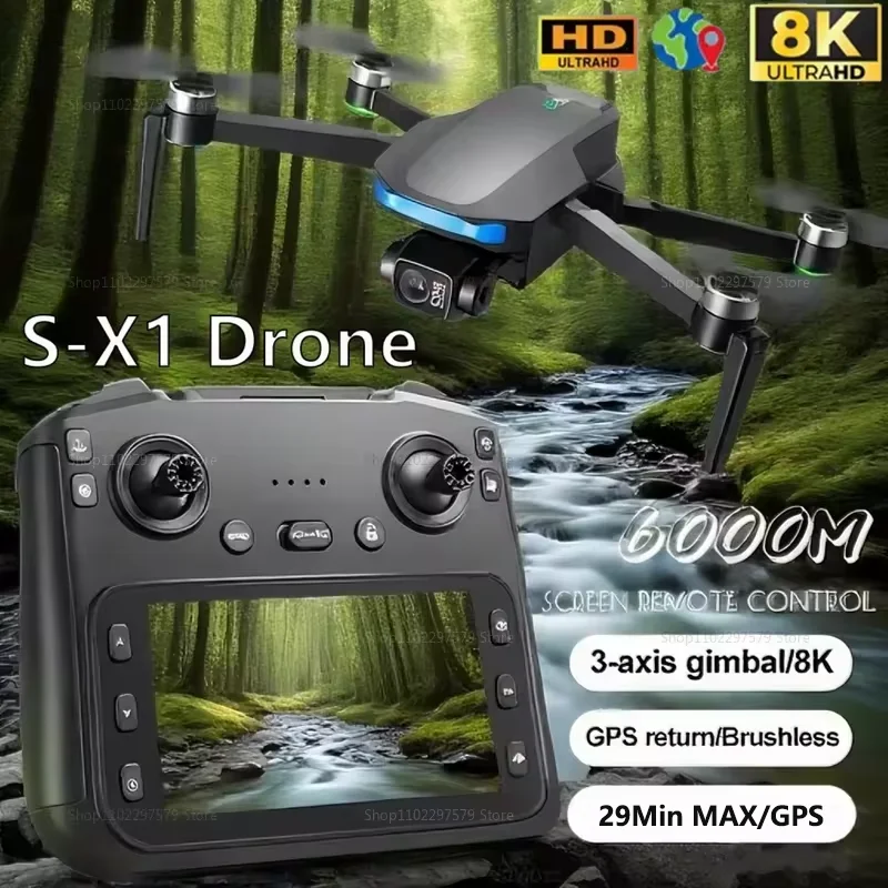 

S-X1 GPS Новый Дрон Профессиональные Камеры 8K 3-осевой Подвес Воздушный FPV Бесщеточный 5G Реле Передача Изображения Большой Экран RC Дроны