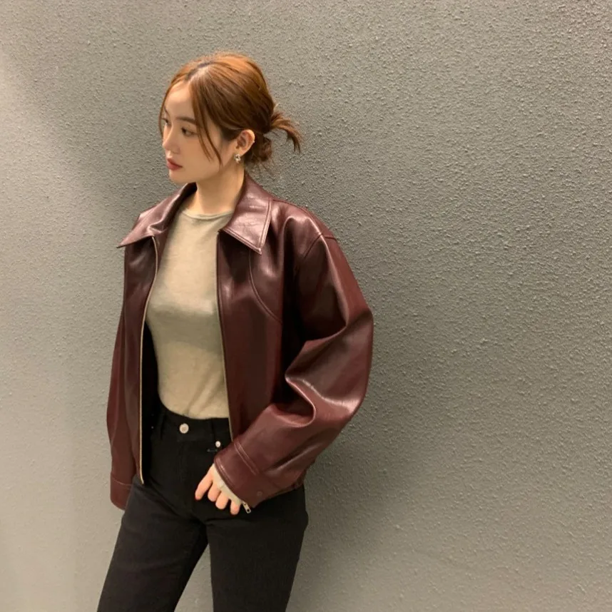

CHIC Autumn Winter Vintage Collar Casual Burgundy Versatile Jacket PU Leather Short Outerwear Women's Loose Fit Synthetic Lea...