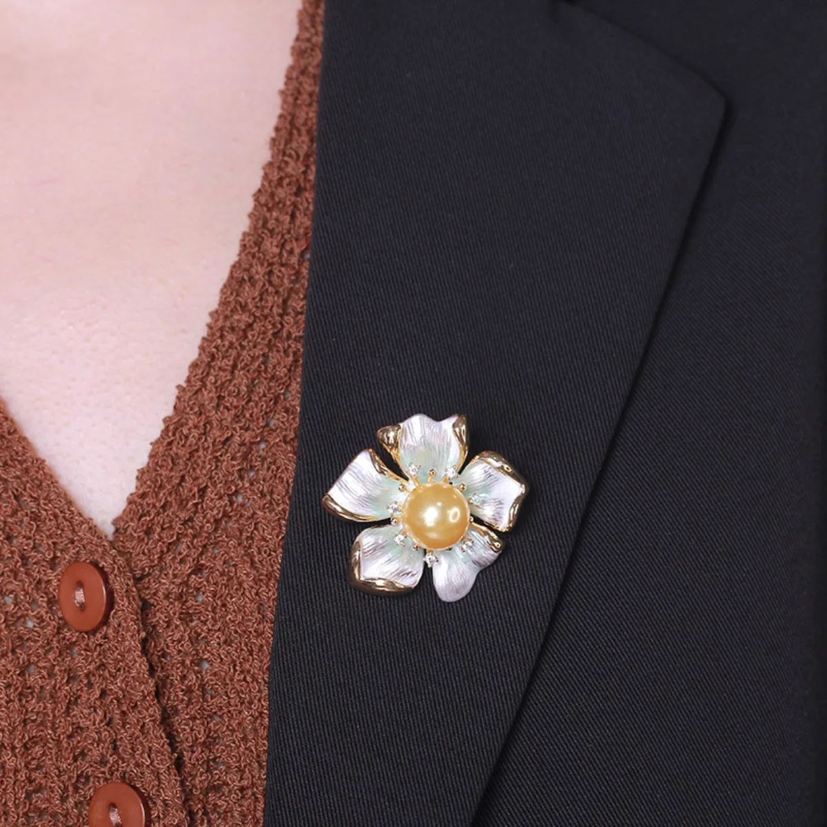 DIY Brooch Blank Brass Thick Gold Plated 5-Petal Flower, Enamel & Micro Pave Zircon Base, Pearl Corsage Brooch