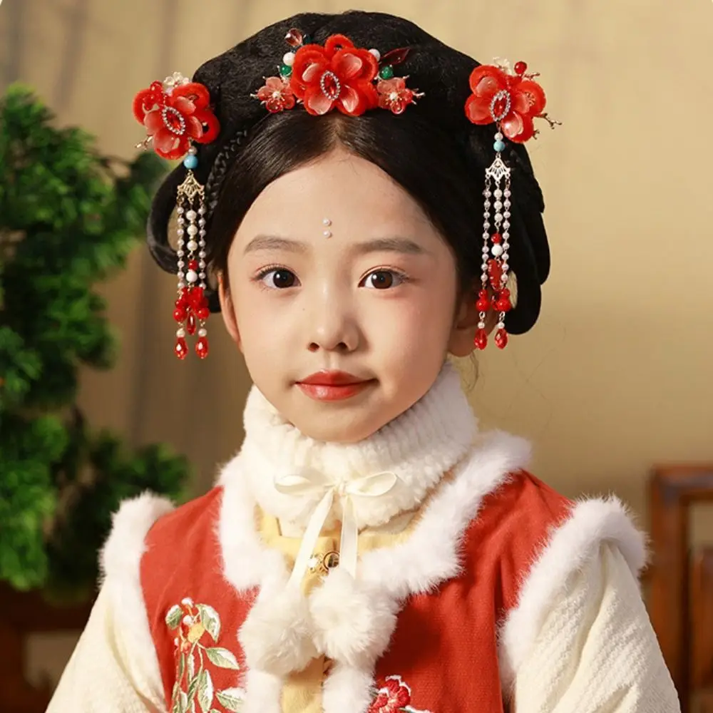 

Retro New Year Chinese Style Hairpin Set Red Tassel Hanfu Hair Stick for Buns Earring Flower Hair Comb Hairstyle Design Tool