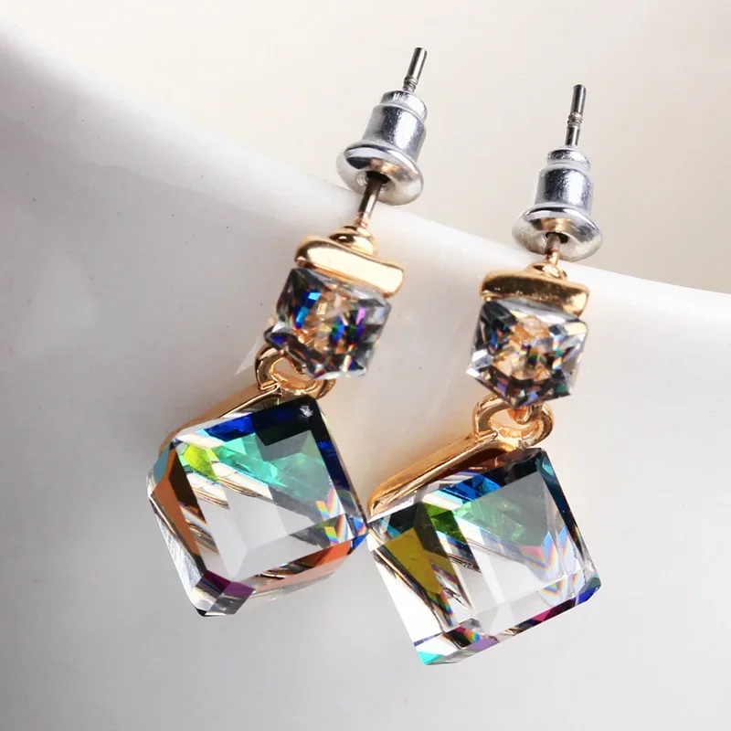 Luxury Classic Crystal Stone Stud Earrings Simple Square Crystal Earrings for Women Female Wedding Party Jewelry Gifts