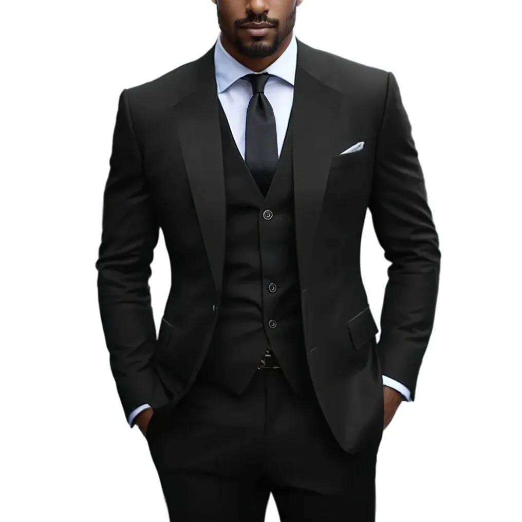

High Quality Black Suits For Men Slim Fit 3 Piece Jacket Vest Pants Set Formal Groom Wedding Notch Lapel Tuxedo Blazer Masculino