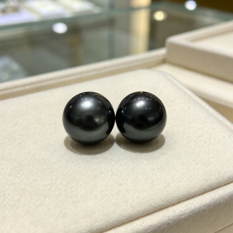 Charming Black Pearl Pair, 12-13mm Round Pearls, Growth Lines, Loose Beads Undrilled