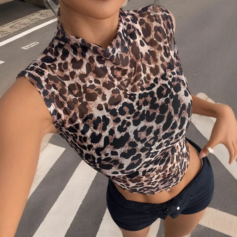 

2025Summer New Women's Slim Fit Sleeveless Leopard Print Stand Collar Sexy TopTShirt