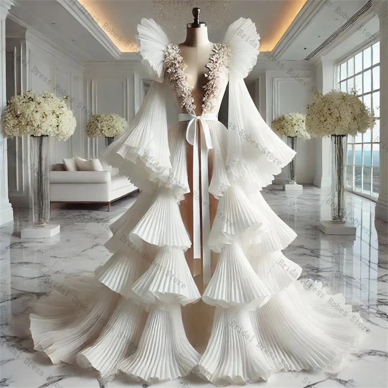

Elegant White Tulle Women Prom Dress For Photoshoot Formal Sexy V Neck Pleated Long Bridal Morning Robe Customized Night Gown